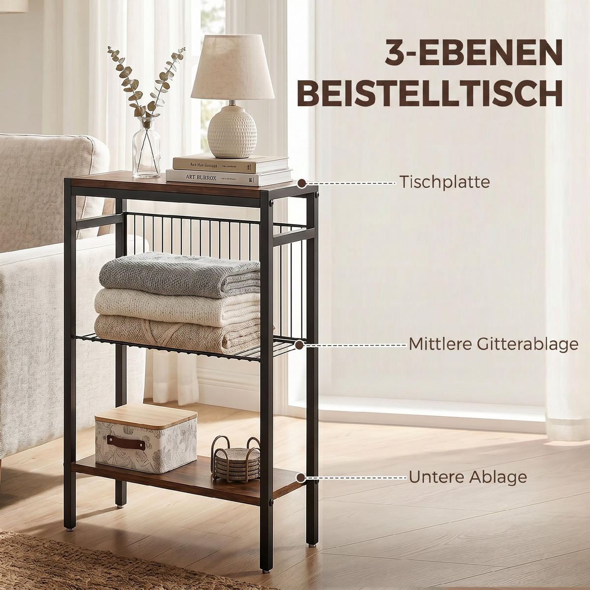 BEISTELLTISCH Spanplatte Metall Rustikales-Braun - Schwarz/Braun, Holzwerkstoff/Kunststoff (43/18/62.5cm) - HOMCOM