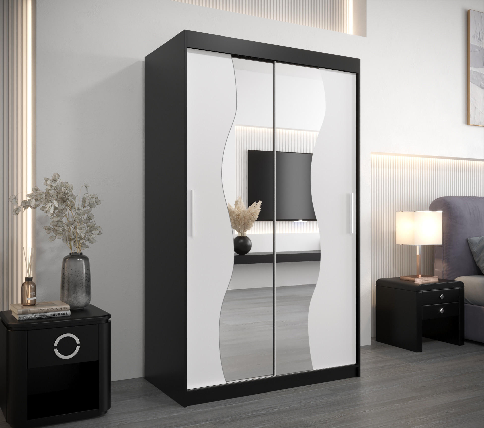 SCHWEBETÜRENSCHRANK 200/120/62 2-türig - Silberfarben/Schwarz, Holz/Kunststoff (120/200/62cm) - MÖBEL KRYSPOL