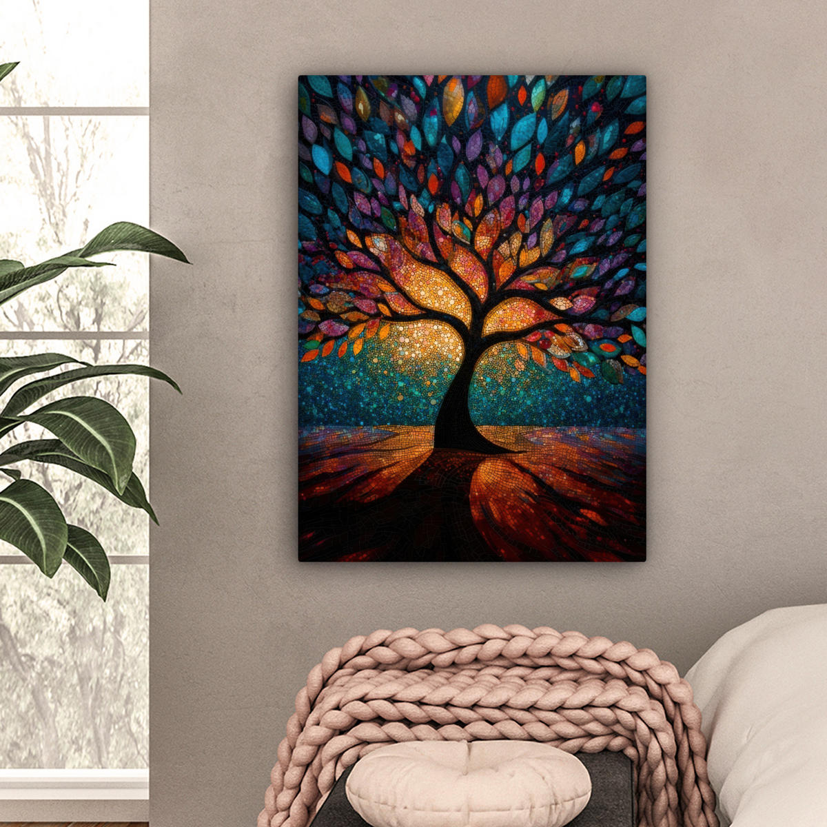 LEINWANDBILD Mosaik - Bunt - Baum - Äste Wandbild Wohnzimmer 60x80 cm - Multicolor, Textil (60/80cm) - MuchoWow