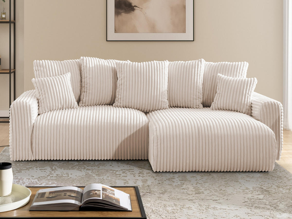 ECKSOFA Calma mit Schlaffunktion und Bettkasten im Bumpy-Design aus weichem Beige Plüschcord - Ottomane rechts - Beige/Schwarz, Holz/Kunststoff (140/239cm) - S-Style
