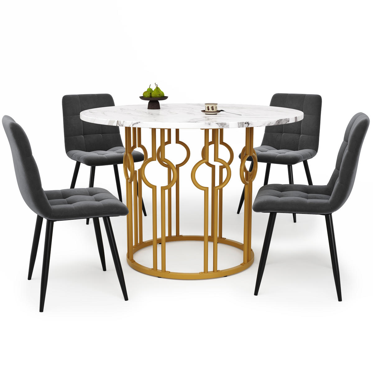 ESSGRUPPE DE-39220 runder 100 cm Tisch mit 4 Stühlen Dunkelgrau/Gold - Goldfarben/Grau, Holzwerkstoff (100/76/100cm) - ComfortXL