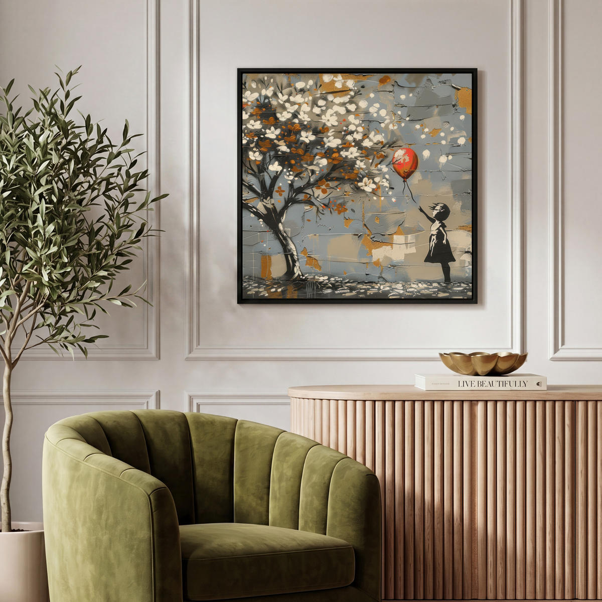 LEINWAND Bilder mit Rahmen - Baum - Graffiti - Banksy-Stil - Ballon-Mädchen - 50x50 - Blaugrau, Textil (50/50cm) - MuchoWow