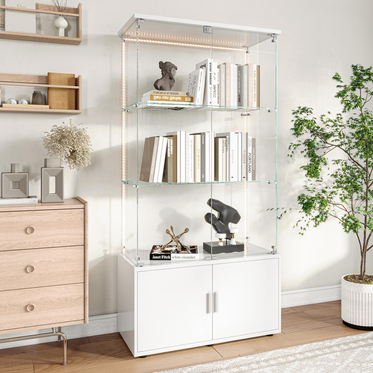 GLASVITRINE 164x78,5x35 cm 4 Türen 6 Einlegeböden LED weiß - Weiß, Holz (78.5/164/35cm) - LEBENLANG