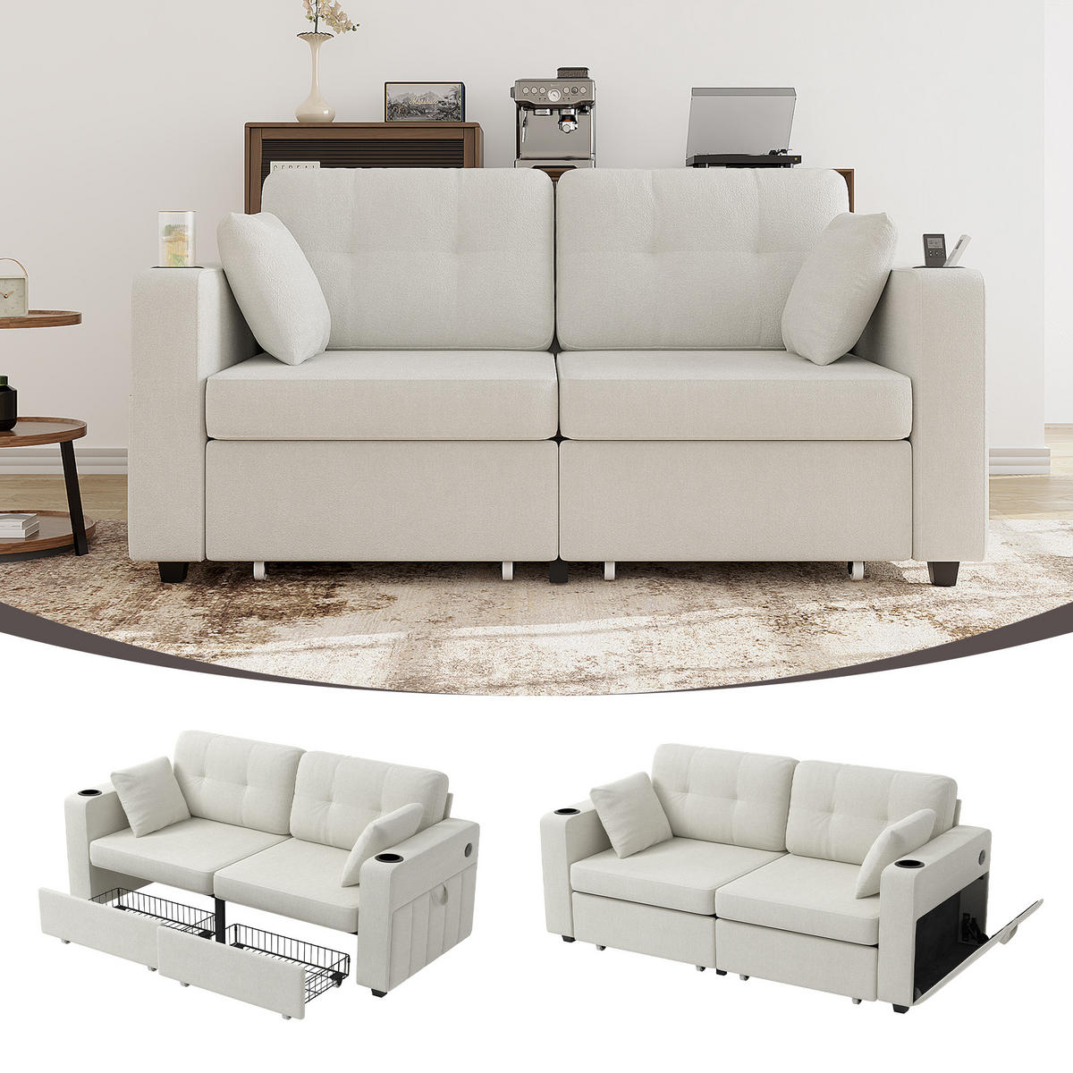 2-SITZER Sofa aus Chenille 172x75x82 cm mit USB-Anschlüssen & Stauraum, beige - Beige, Textil (75/82/172cm)