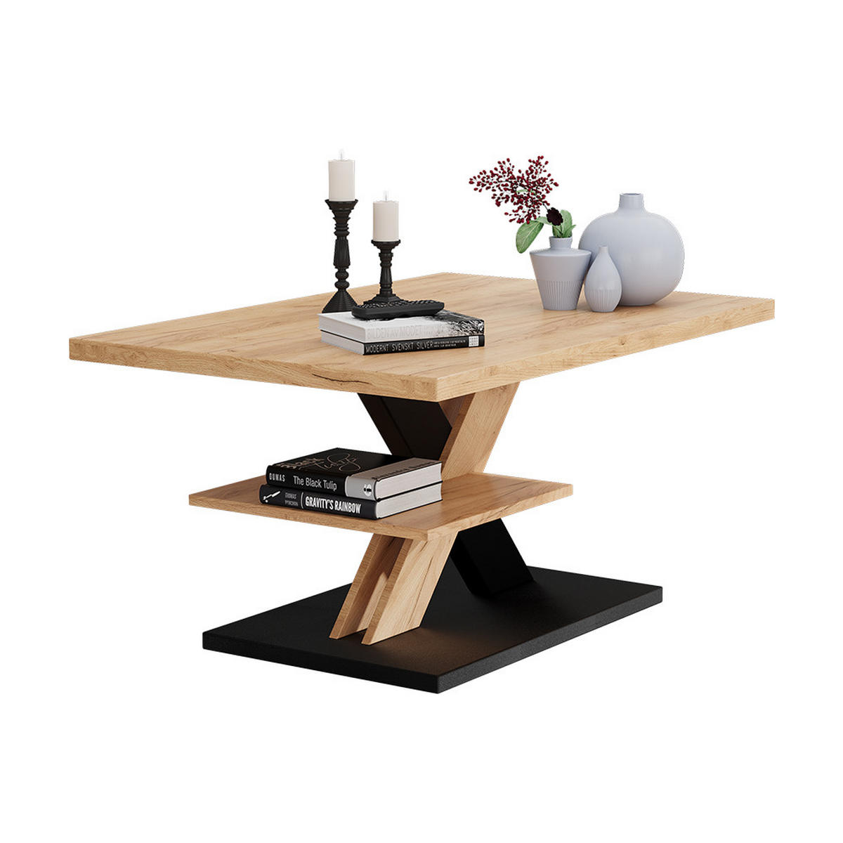 COUCHTISCH Arivo Eiche/Schwarz 90 x 60 cm mit Ablage - Eichefarben/Schwarz, Holzwerkstoff (60/90/45cm) - Vicco