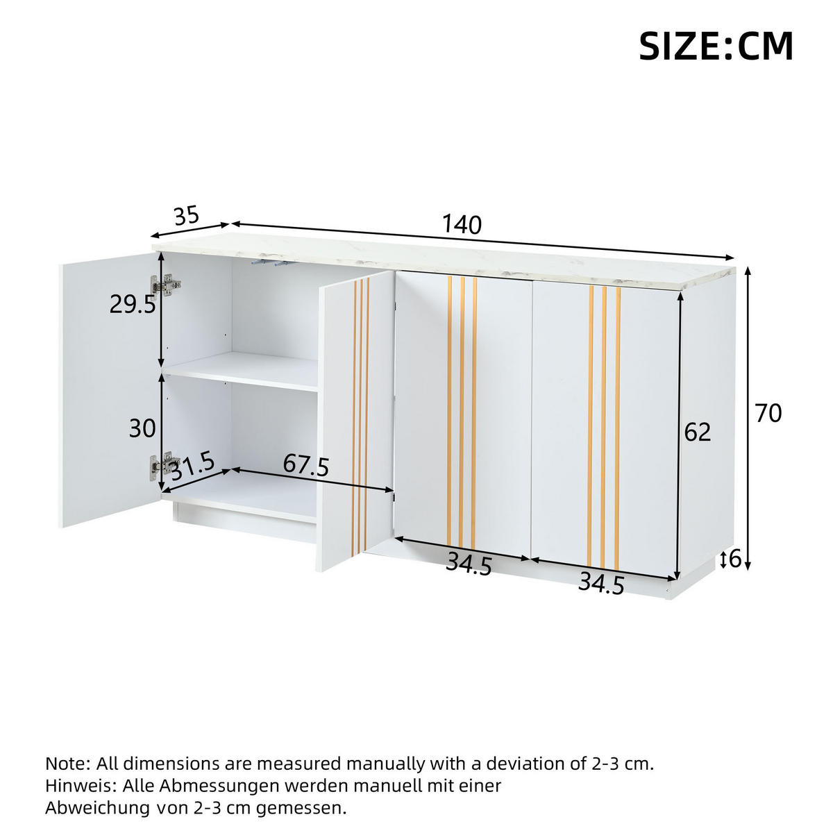 SIDEBOARD Weiß Gold 4 Türen 140cm verstellbare Fächer Modern - Weiß, Holzwerkstoff (35/70/140cm) - FLIEKS