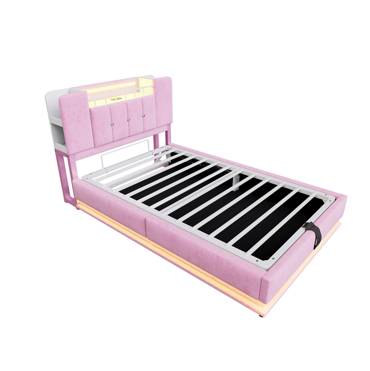 KINDERPOLSTERBETT 90/200 cm aus Samt mit LED-Beleuchtung, USB-Anschluss, Rosa - Pink, Textil (90/200cm) - OKMYHOME
