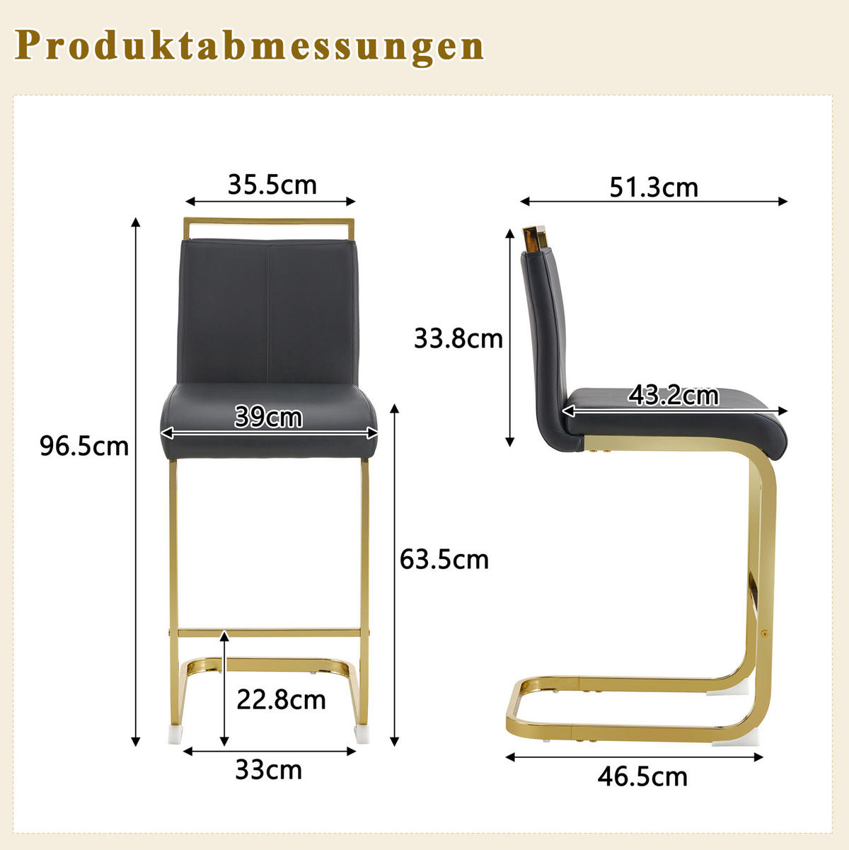 BARHOCKER 2er-Set 96,5 cm Metall/Kunstleder Schwarz Goldfarben - Schwarz, Metall (46.5/96.5/39.1cm) - Meubliv
