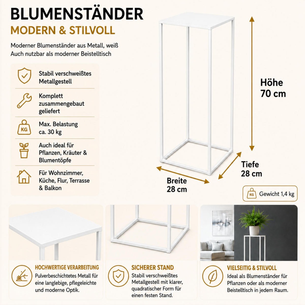 DANDIBO Blumenhocker Metall Weiß Eckig 70 cm Blumenständer Beistelltisch 96482 L Blumensäule Modern Pflanzenständer Pflanzenhocker - Weiß, Metall (28/70/28cm) - DanDiBo