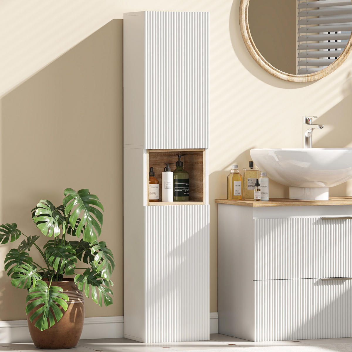 BADEZIMMERSCHRANK aus MDF 30/24/140 cm Weiß - Weiß, Holzwerkstoff (24/140/30cm) - HOMCOM