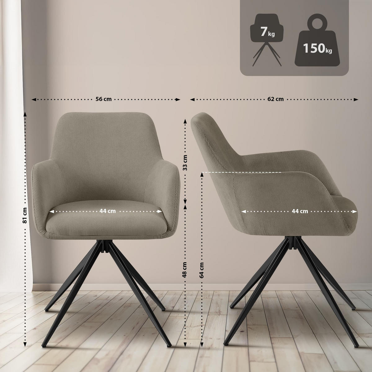 ESSZIMMERSTUHL Cord Taupe - Taupe/Schwarz, Textil/Metall (56/81/62cm) - CLP