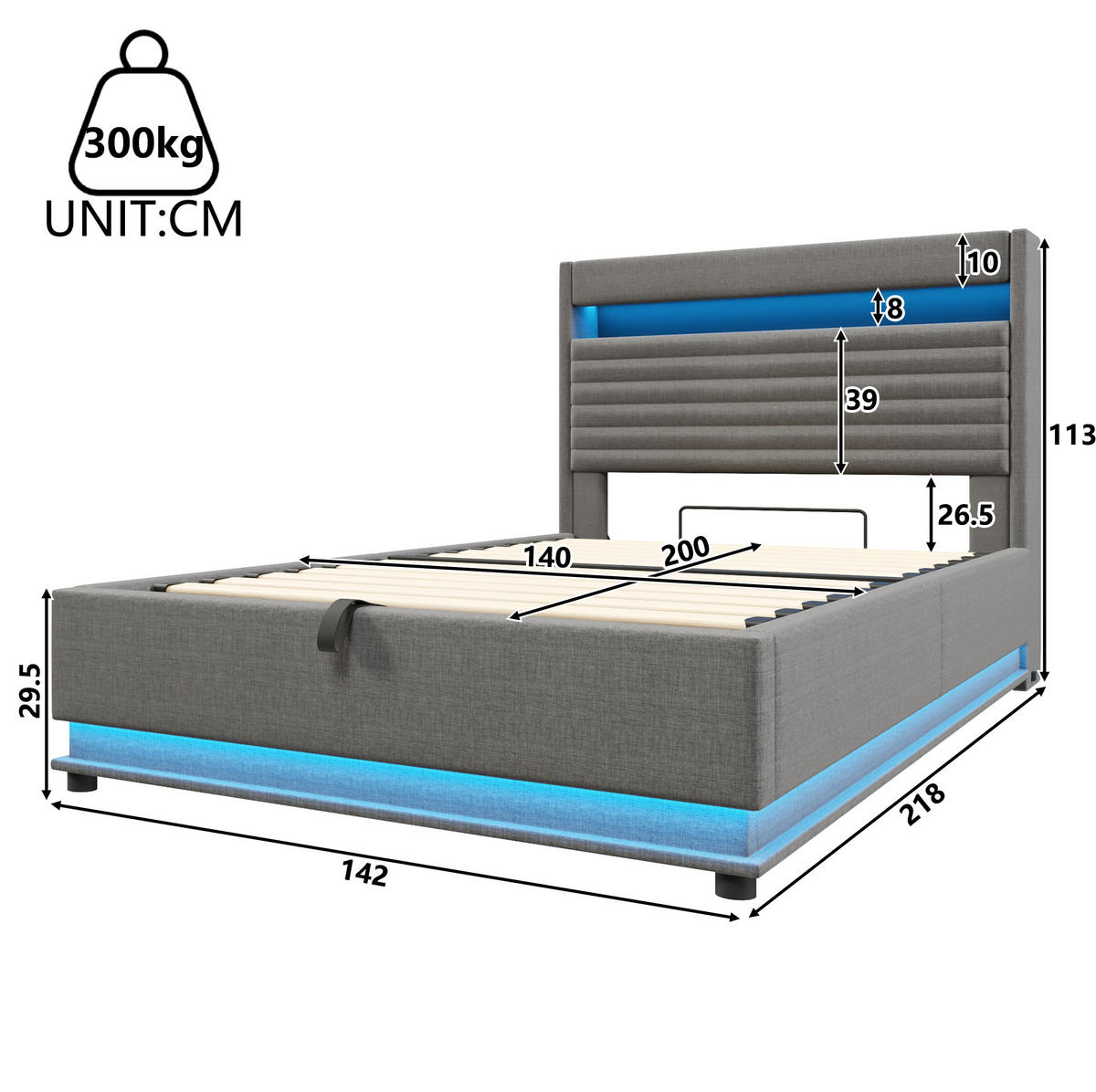 POLSTERBETT 140/200 cm Grau mit LED-Beleuchtung, USB- und Typ-C-Anschluss, hydraulischem Stauraum aus Leinen - Grau, Textil (140/200cm) - OKMYHOME