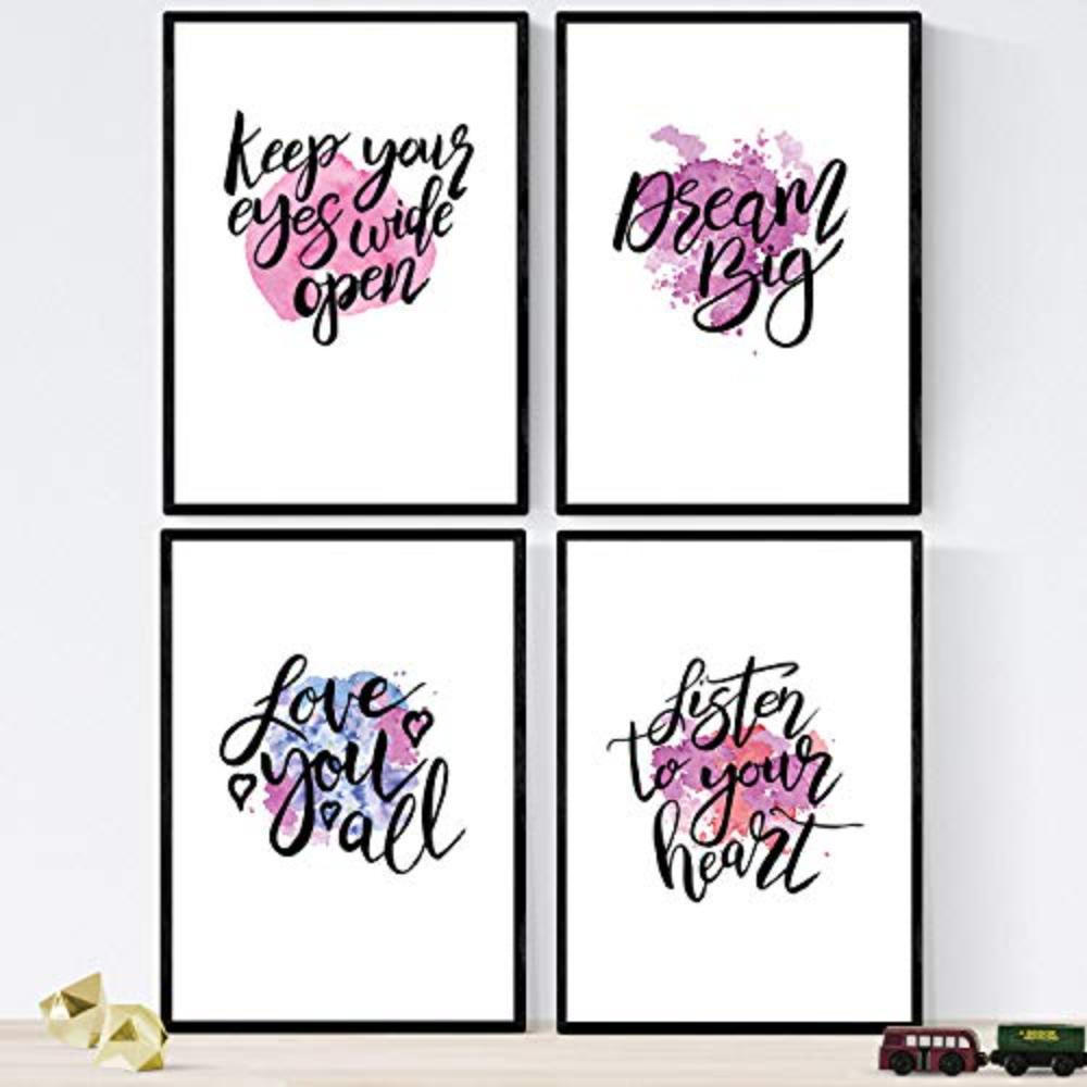 POSTER Set mit 4 glücklich und bunt ‚Ehrfürchtig‘ A4 Schwarzer Rahmen - Schwarz, Papier (29.7/3cm) - Nacnic