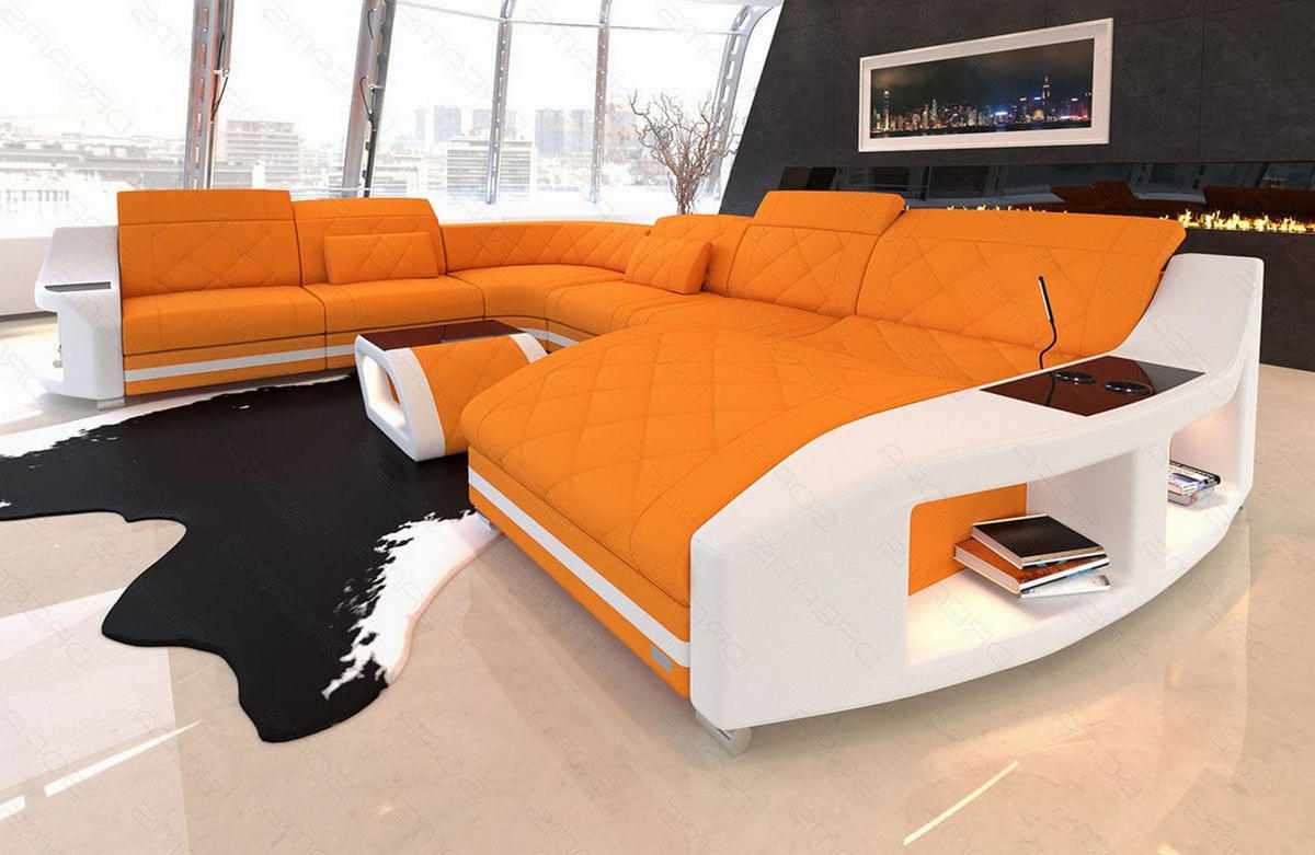 WOHNLANDSCHAFT Stoff Wohnlandschaft Swing Apricot Weiß Mikrofaserstoff - Orange, Kunststoff (404/90/295cm)