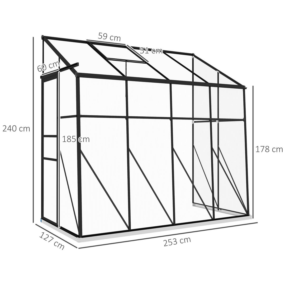 ANLEHNGEWÄCHSHAUS DE-11979 mit Polycarbonat, Schiebetür und Dachlüftung Schwarz - Schwarz, Kunststoff (253/240/127cm) - ComfortXL
