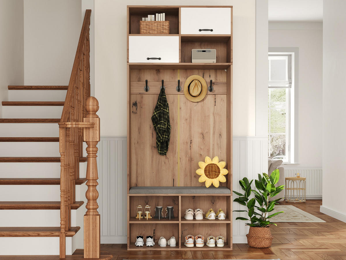 GARDEROBE vielseitig mit Schubladen und Türen, 80/35/185 cm, Weiß und Naturfarben - Naturfarben, Holzwerkstoff (80/185/35cm) - Redom