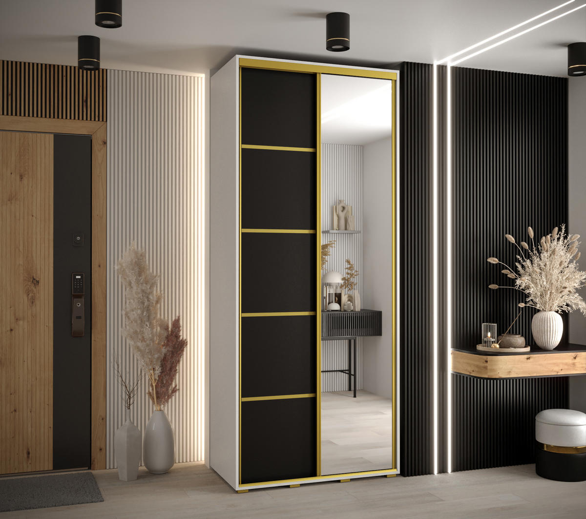 SCHWEBETÜRENSCHRANK 235,2/110/60 2-türig - Goldfarben/Schwarz, Holz/Metall (110/235/60cm) - Abiks Möbel