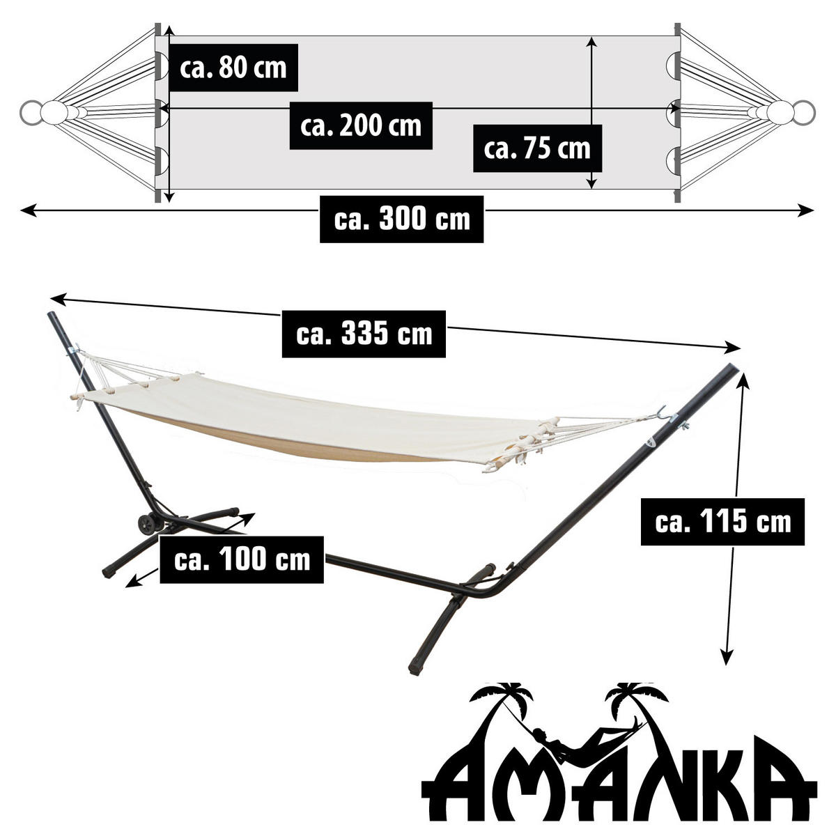 HÄNGEMATTE mit Gestell 335/100 cm, Beige/Schwarz - Schwarz, Metall (100/115/335cm) - Amanka