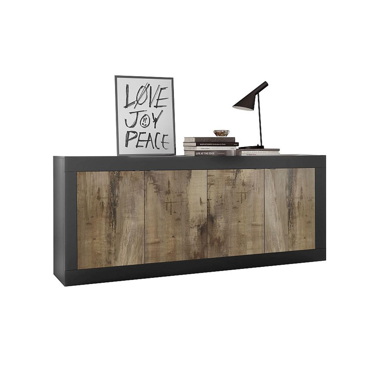 SIDEBOARD 4 Türen Initial - L207 cm - Schwarz, Holzwerkstoff (43/86/207cm) - Calicosy