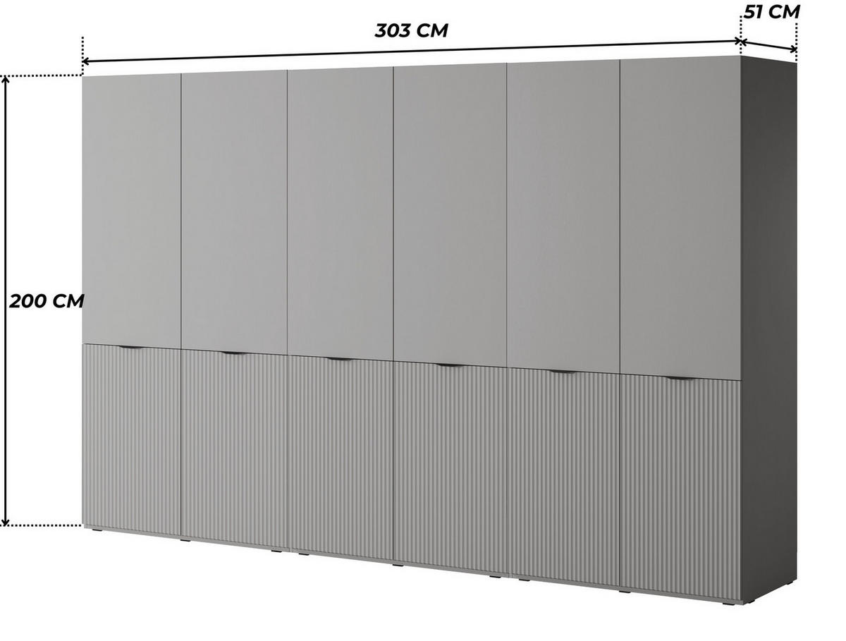 KLEIDERSCHRANK ZEN (Modular, Grau Matt, Rillenfront, 6-türig) - Schwarz/Grau, Holz/Holzwerkstoff (303/200/51cm) - Ravio