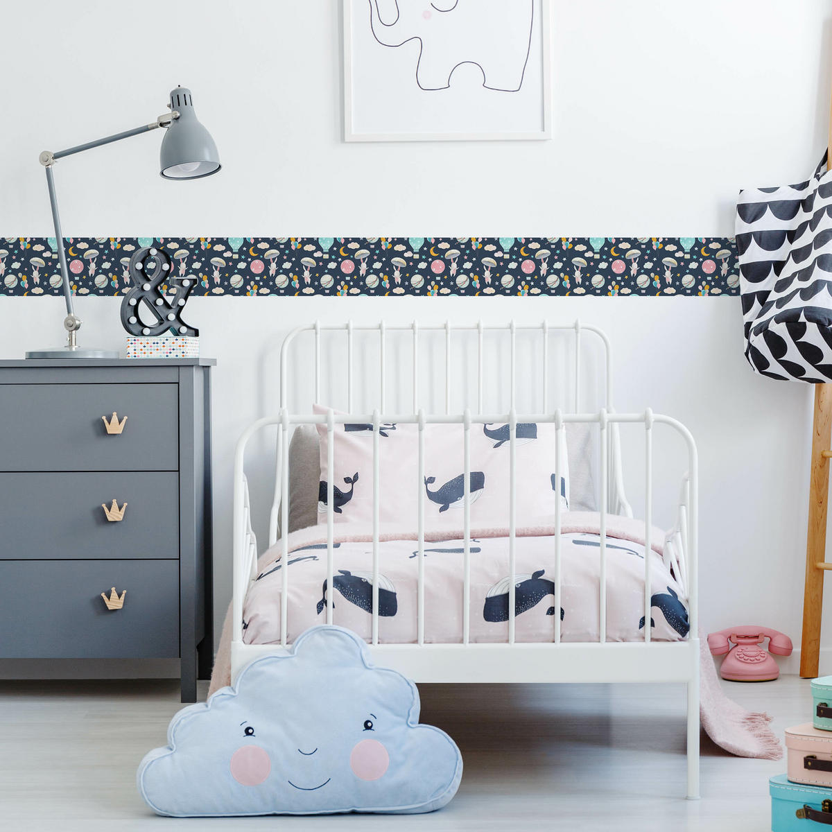 TAPETENBORDÜRE selbstklebend KANINCHEN Luftballons Wolken Sterne - Blau/Beige, Papier (10/300/300cm) - Muralo