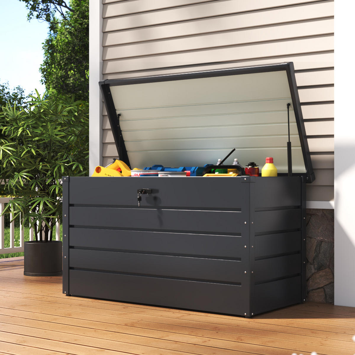 GARTENBOX Auflagenbox Kissenbox mit Schloss für Werkzeuge aus Metall in Schwarz in AußenGarten abschließbar 120 x 61 x 63 cm 20 kg - Schwarz, Metall (120/63/61cm) - Livingandhome