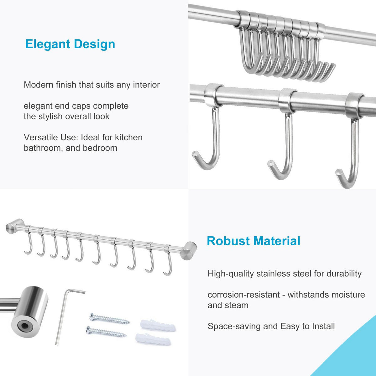 KÜCHEN HÄNGELEISTE mit 10 Haken - Silberfarben, Metall (3.4/2.2/52.6cm) - Intirilife