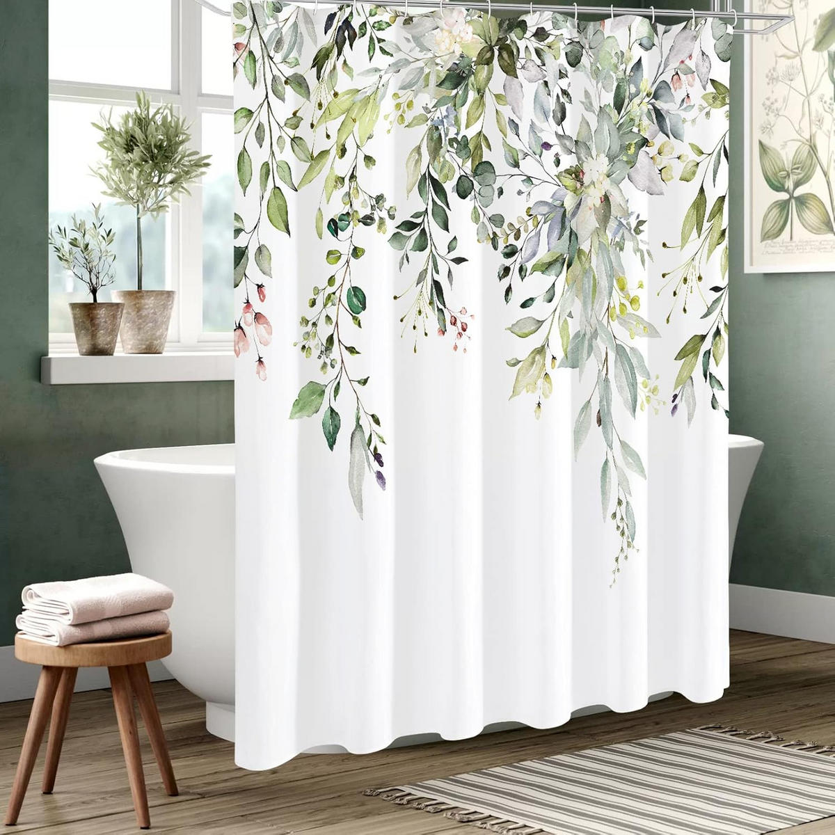 DUSCHVORHANG Eukalyptus Grün Blätter Pflanzen Aquarell und Dekoration Badezimmer floral 180 x 180 cm - Weiß, Textil (180/180cm) - MCBOSON