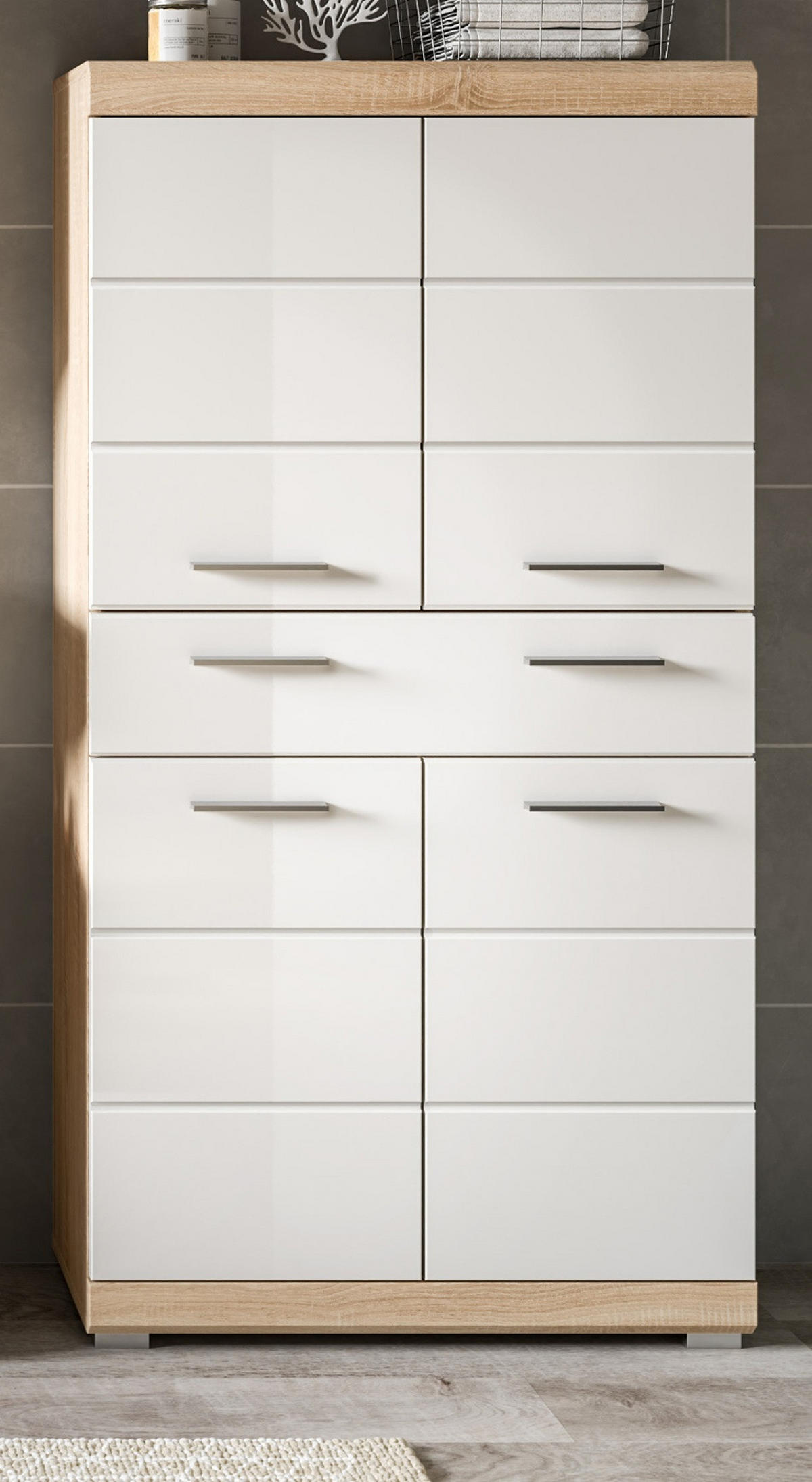 MIDISCHRANK weiß Hochglanz, Eiche 74 cm, Badschrank 4-türig - Weiß Hochglanz/Eichefarben, Holzwerkstoff/Kunststoff (74/141/31cm) - Inn.Furn