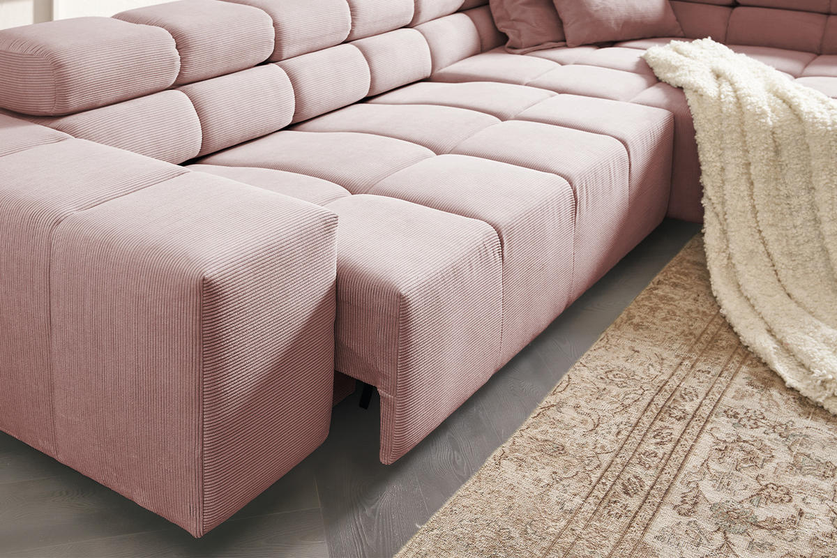ECKSOFA MIT MOTORISCHEM SITZVORZUG NEVADA Pink Cord - Pink/Schwarz, Kunststoff/Textil (319/215cm) - KAWOLA
