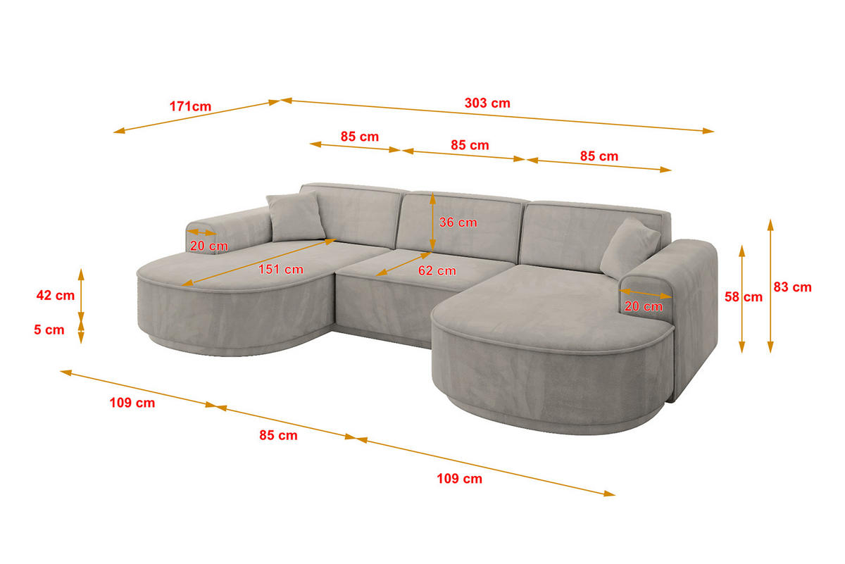 WOHNLANDSCHAFT MARI-U1-v3 - 303x171x83 cm Hellbraun Velours - Hellbraun/Schwarz, Holzwerkstoff/Kunststoff (303/83/171cm) - ALTDECOR
