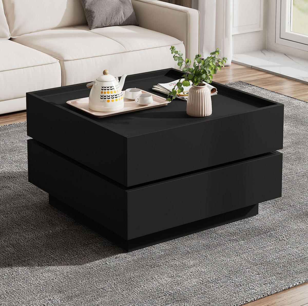 KLUB stolić od iverice, 60/60/38 cm crni, okretan 360° s 2 ladice - crna, drvni materijal (60/60/38cm) - BEAOK