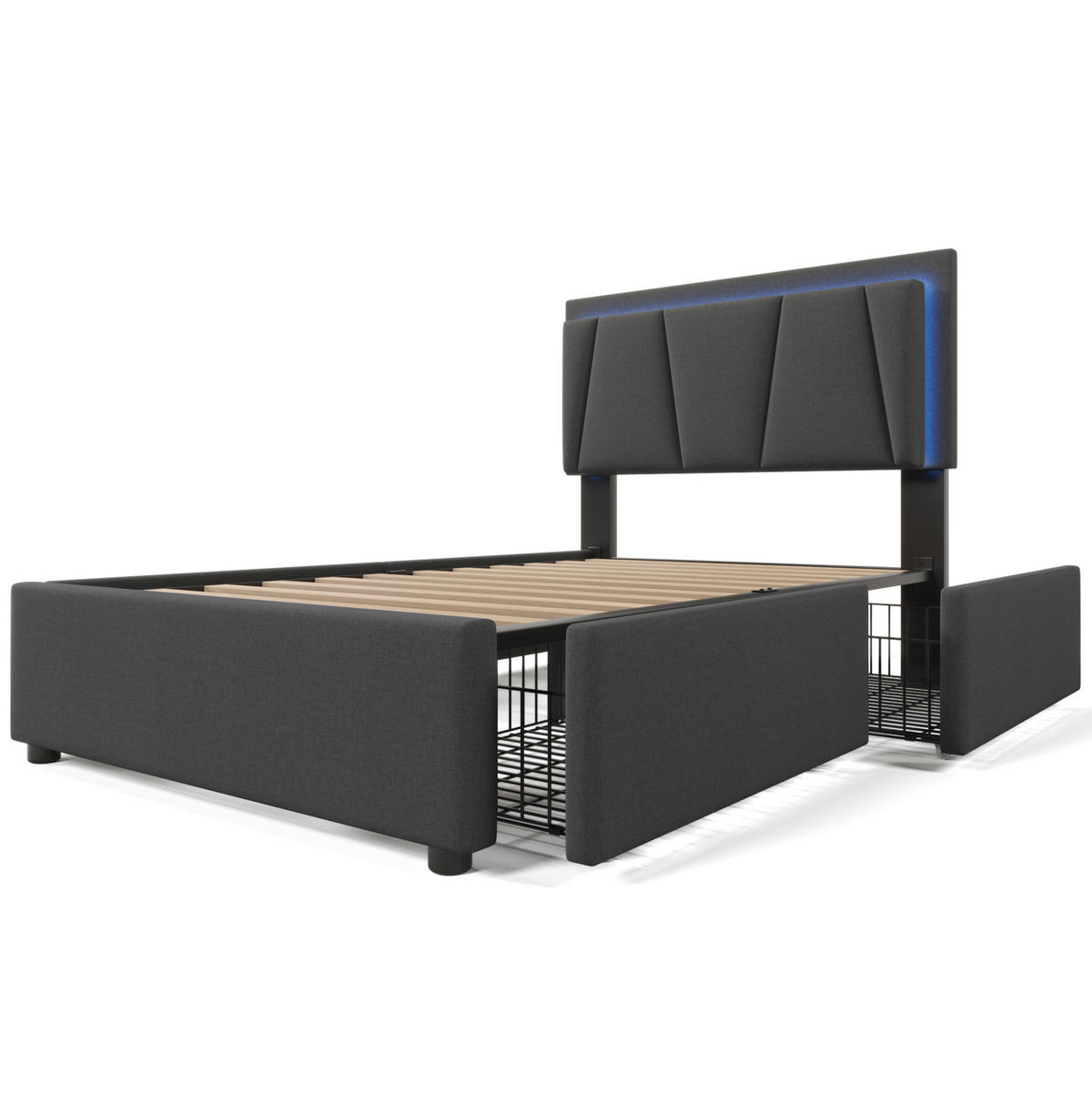 POLSTERBETT aus Holz 90x200 cm in Grau mit LED-Beleuchtung & 2 Schubladen - Grau, Holz (90/200cm) - Modfu