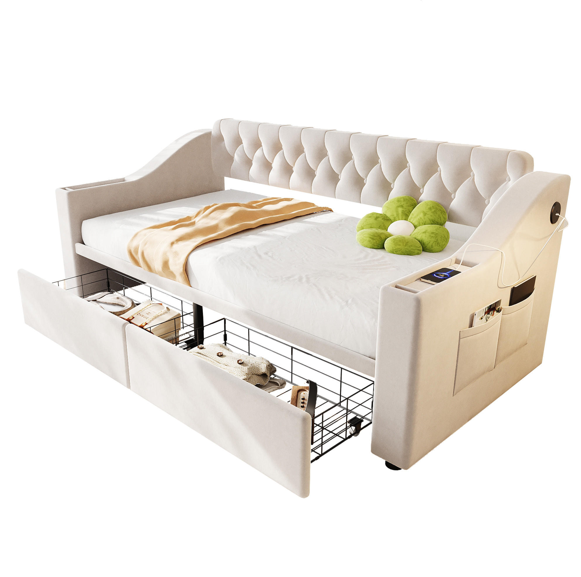 POLSTERBETT 90/190 cm mit USB- und Typ-C-Anschluss, Armlehnen mit Stauraum und 2 Schubladen, Beige - Beige, Textil (90/190cm) - Redom