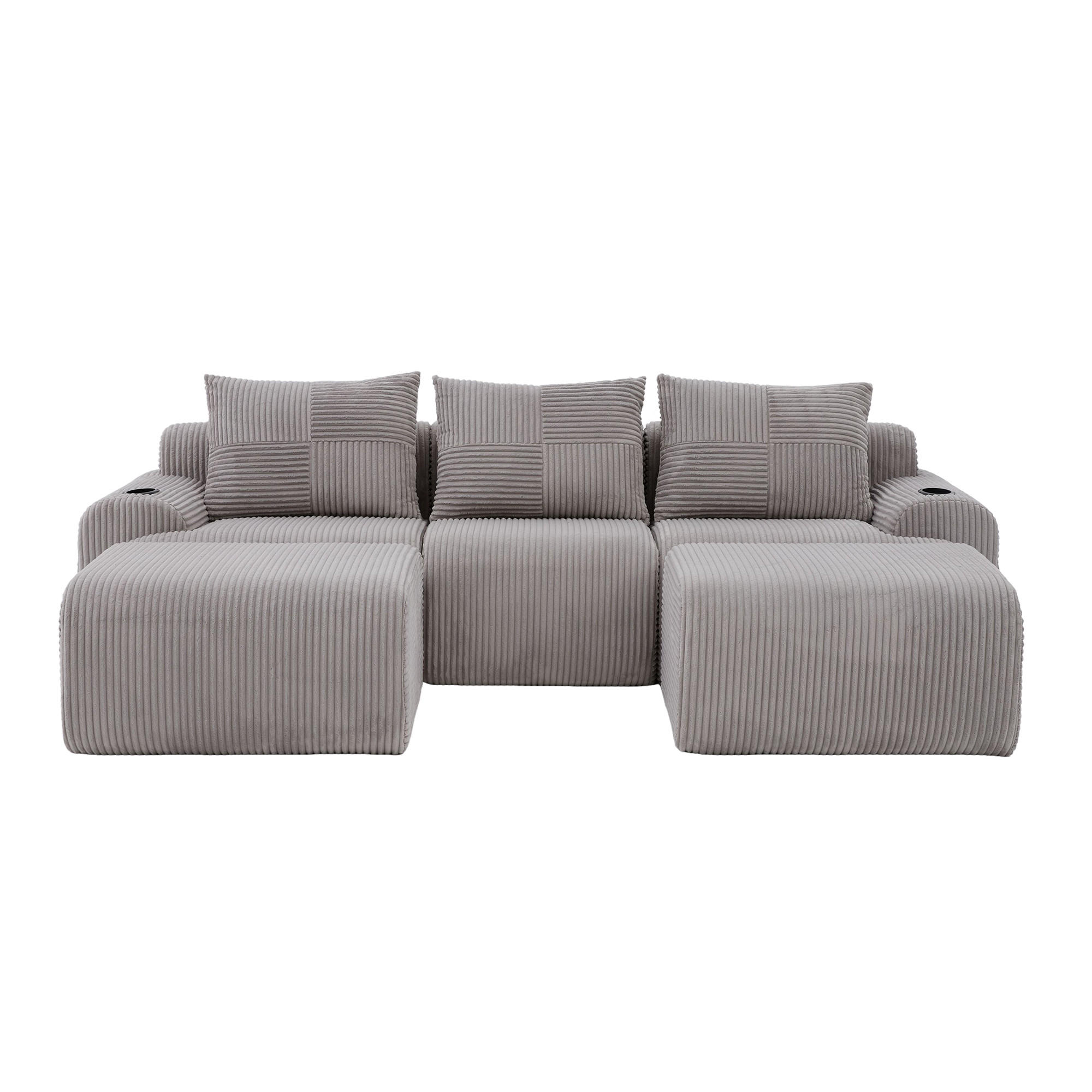 WOHNLANDSCHAFT Cord Hellgrau mit 2 Hocker, Cupholder und Aufbewahrungstasche - Hellgrau, Textil (268/80/174cm) - WISHDOR