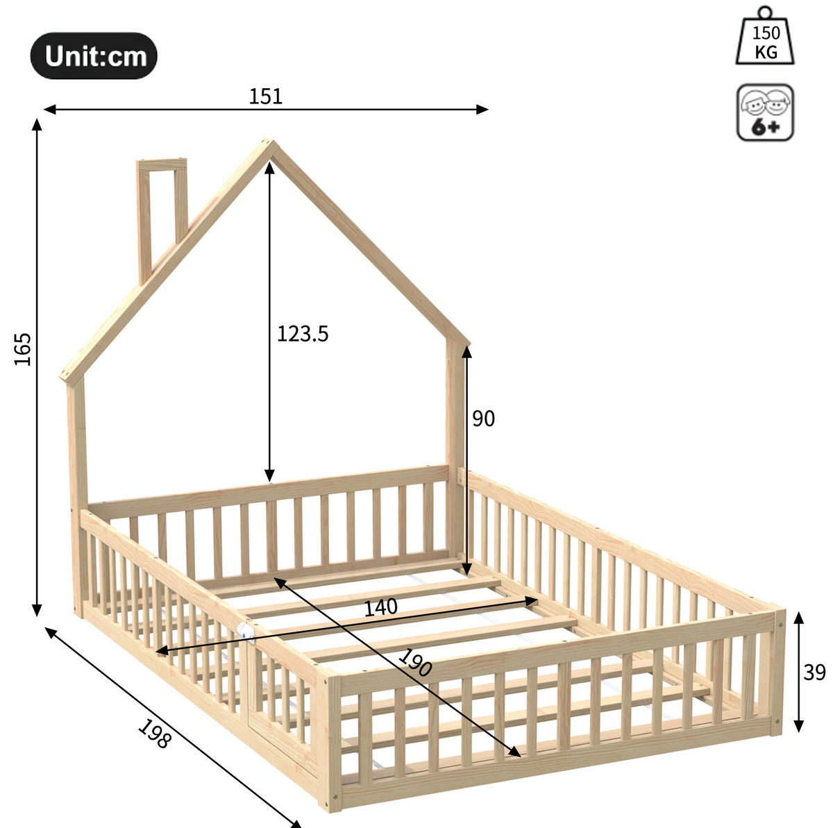 KINDERBETT mit Rausfallschutz 140x190 cm Kiefernholz Natur - Braun, Holzwerkstoff (90/190cm) - Beauniv