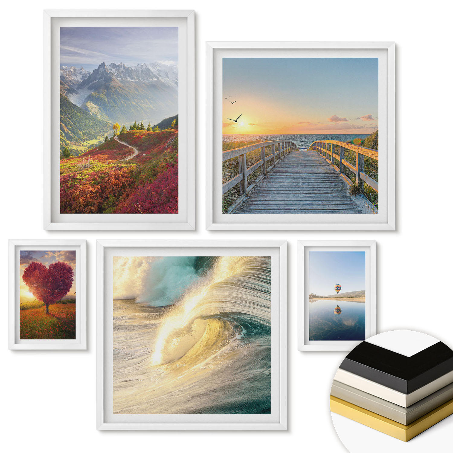 WANDBILDER 5er-Set - 50x50 cm & 20x30 cm & 40x60 cm Weißer Rahmen - Landschaften Berge Wellen Baum Herz Pier - Weiß, Kunststoff (40/60cm) - ArtPrintCave