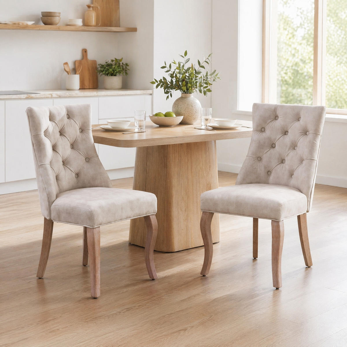 WOHNZIMMER STÜHLE mit hoher Rückenlehne, Knopfsteppung und Griffring in Hellbeige - Beige, Textil (51/97/47cm) - EVRYAE