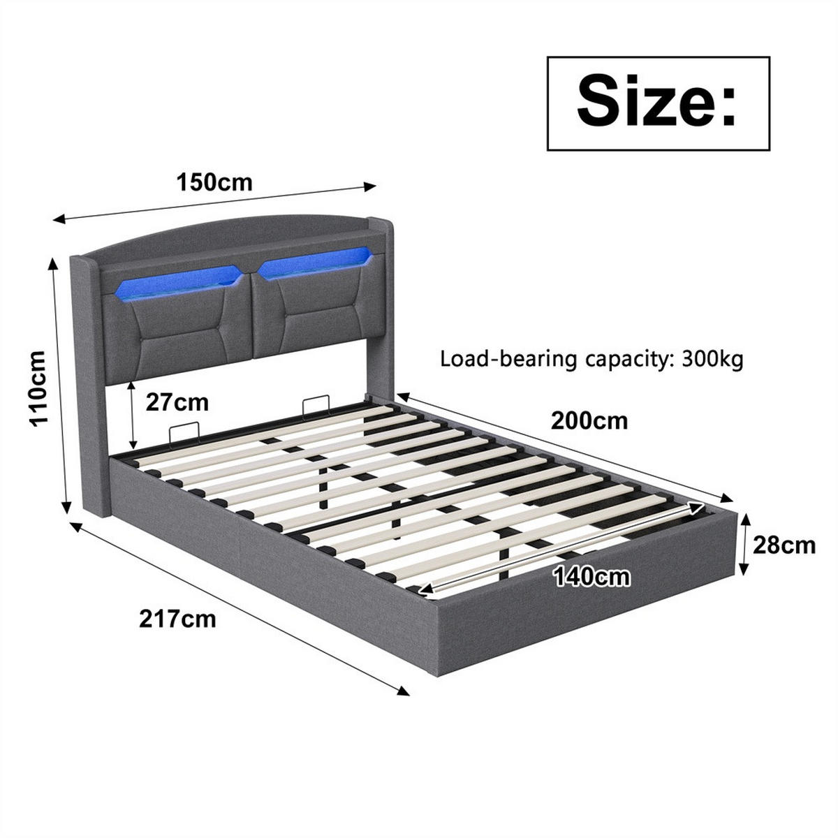 POLSTERBETT 140x200 cm mit LED-Kopfteilbeleuchtung, Ladefunktion und hydraulischem Bettkasten - Hellgrau - Grau, Textil (140/200cm) - DELFA