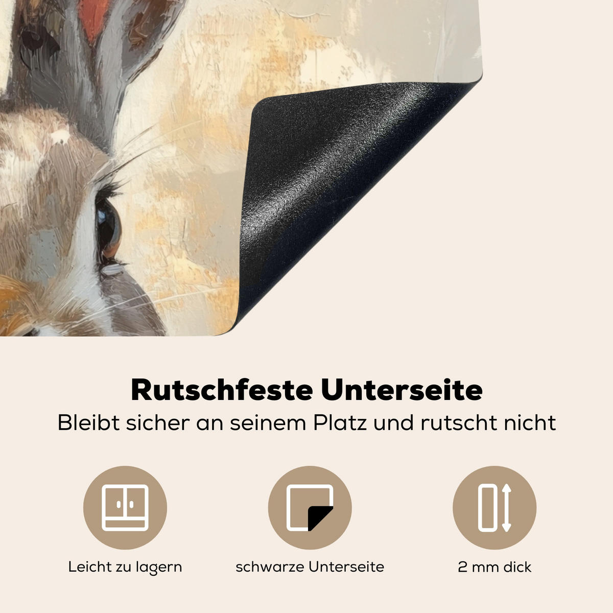 HERDABDECKPLATTE Hase - Ohren - Braun Herdabdeckung Induktionsfeld 65x52 cm - Beige, Kunststoff (65/52/0.2cm) - MuchoWow