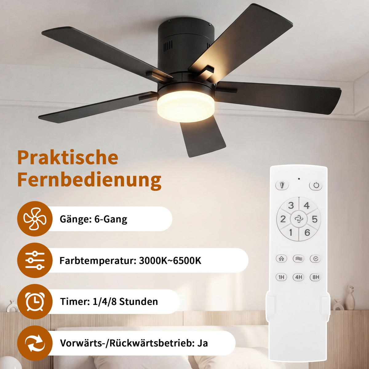 DECKENVENTILATOR mit LED-Licht, 106,6 cm, Schwarz, 6 Stufen & Timer - Schwarz, Metall (106.6/106.6/28cm) - EuroLiving
