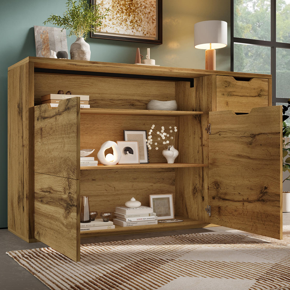 SIDEBOARD 150x40x90 cm Eiche mit 4 Schubladen - Eichefarben, Holz (150/90/40cm) - FLIEKS