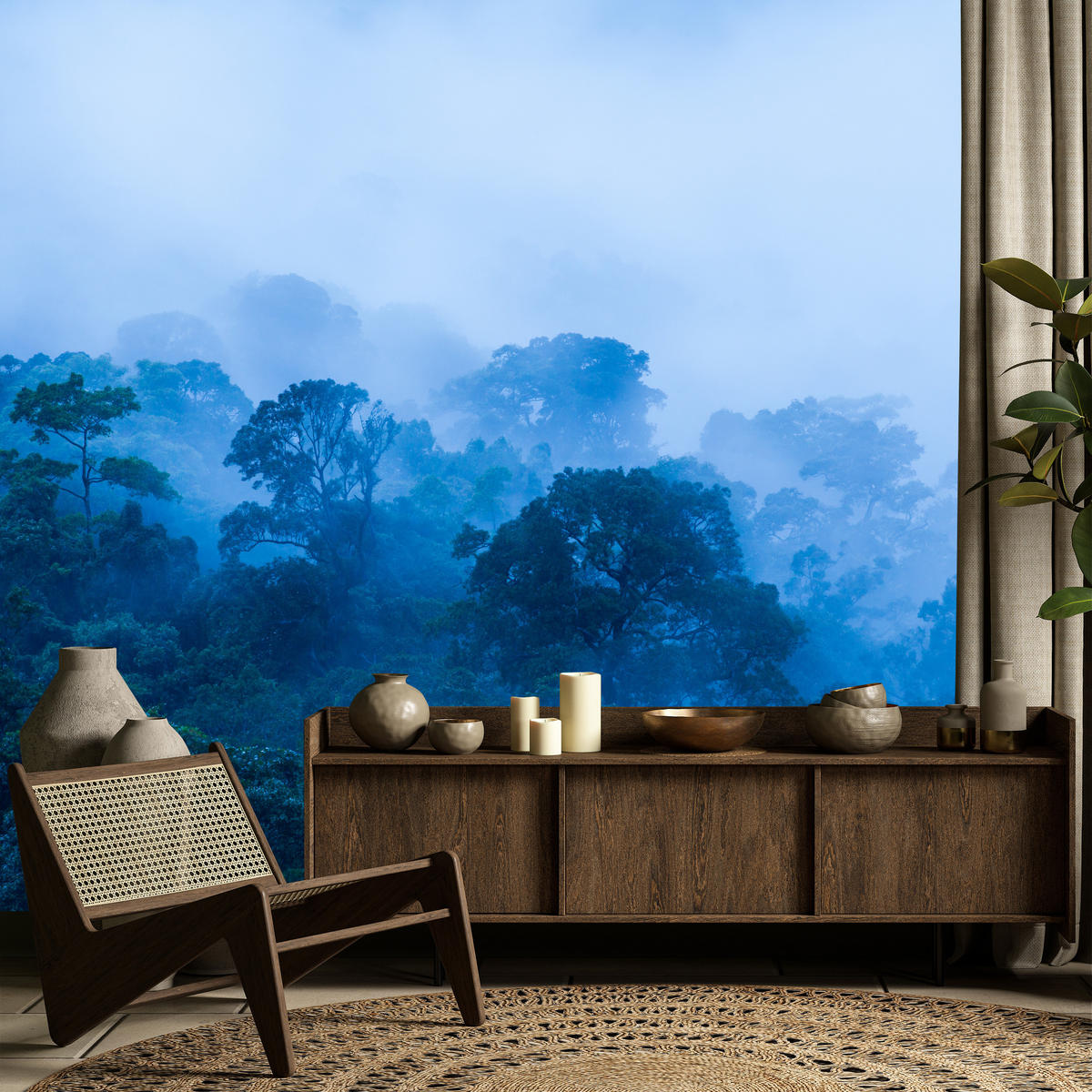 FOTOTAPETE für Wohnzimmer Tropischer Laubwald Nebel Dschungel 350x256 - Schwarz, Papier (350/256cm) - Muralo