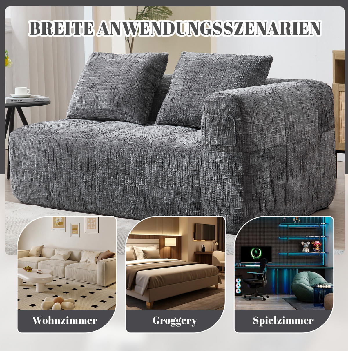 2-SITZER Sofa Chenille mit Chaiselongue und Seitentaschen 158/90/60 cm Grau - Grau, Textil (60/158/90cm) - Redom