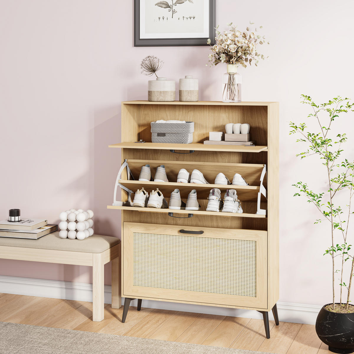 SCHUHSCHRANK Rattan Holz 80x23x114 cm Stauraum - Naturfarben, Holz (24/114/80cm) - LEBENLANG