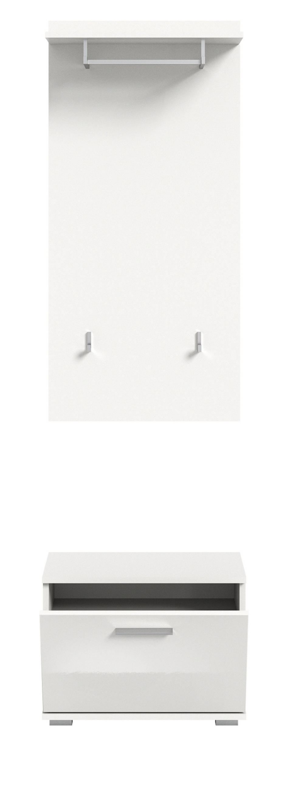 GARDEROBE Set 2-teilig weiß Hochglanz 55 cm, Flurgarderobe mit Kleiderhaken - Weiß Hochglanz/Silberfarben, Holzwerkstoff/Kunststoff (55/191/37cm) - Inn.Furn