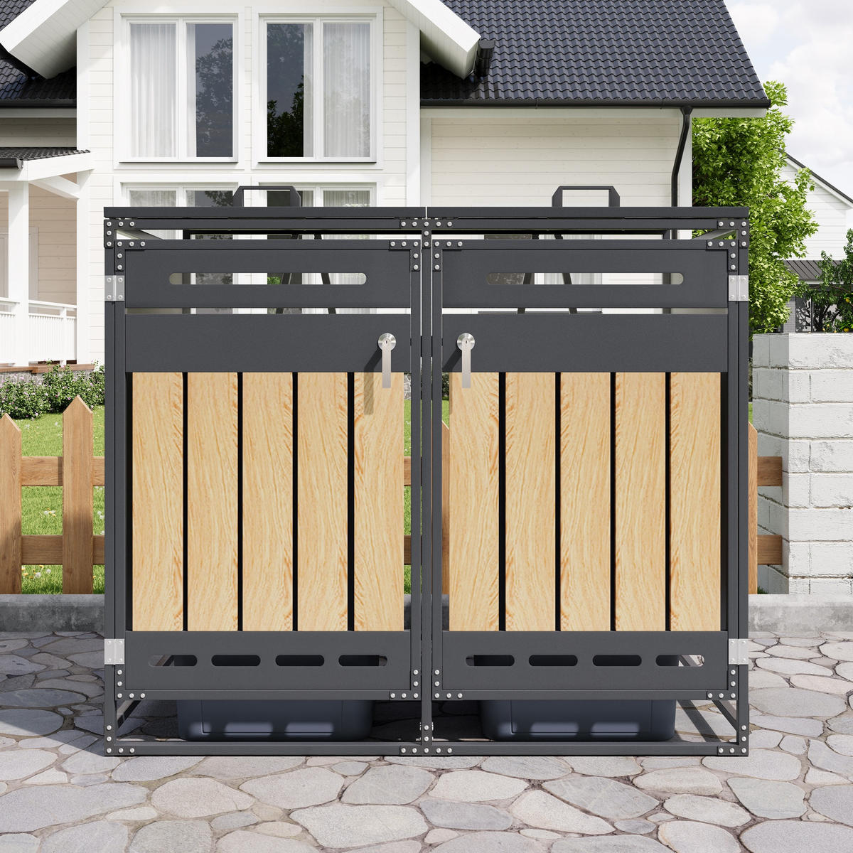 MÜLLTONNENBOX Hydraulik Deckel Holzoptik Schloss - Schwarz, Metall (131/116/79cm) - LEBENLANG