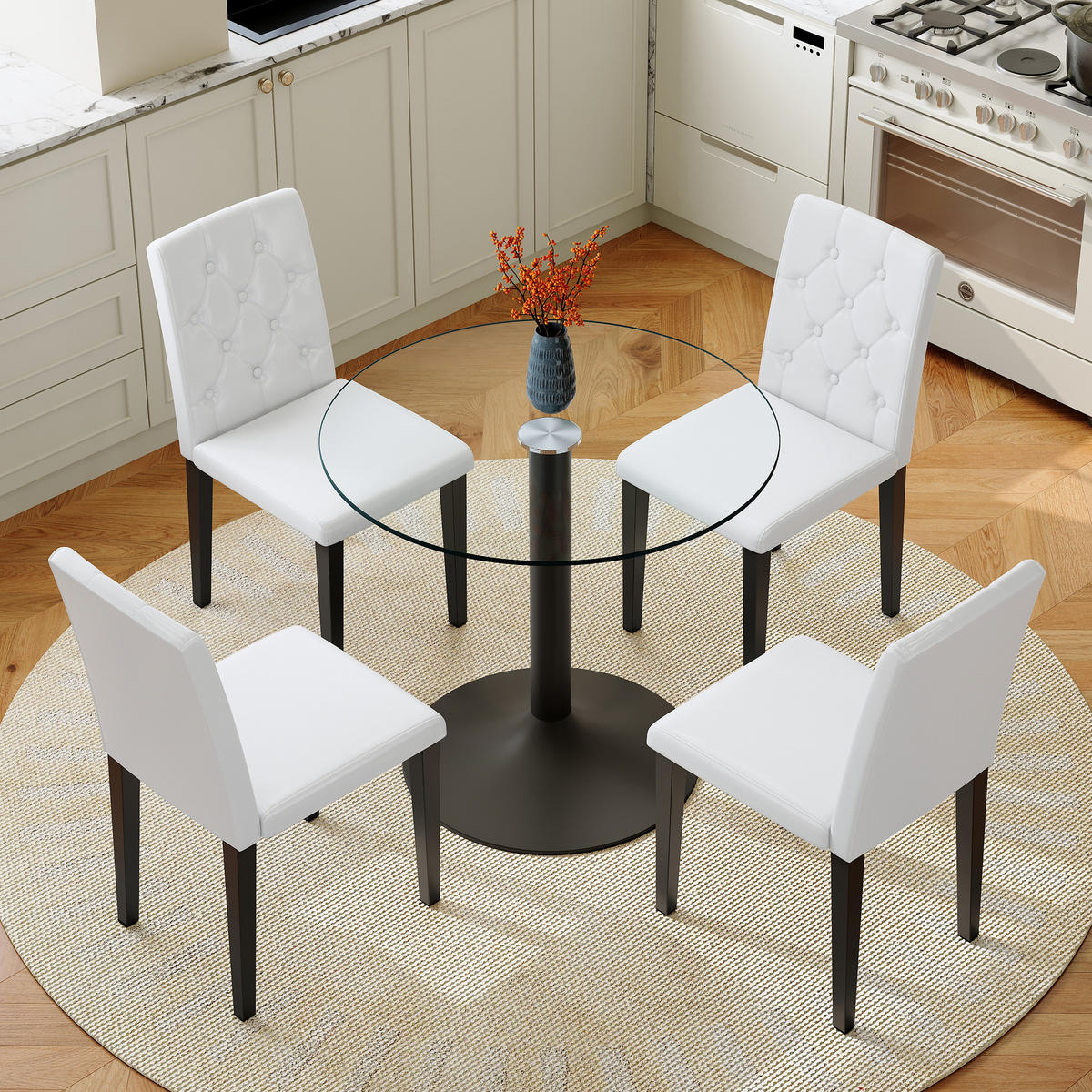 ESSGRUPPE DE-39482 5-teilig, Glastisch und 4 PU-Stühlen mit Knopfverzierung Weiß - Weiß, Metall (85/75/85cm) - ComfortXL