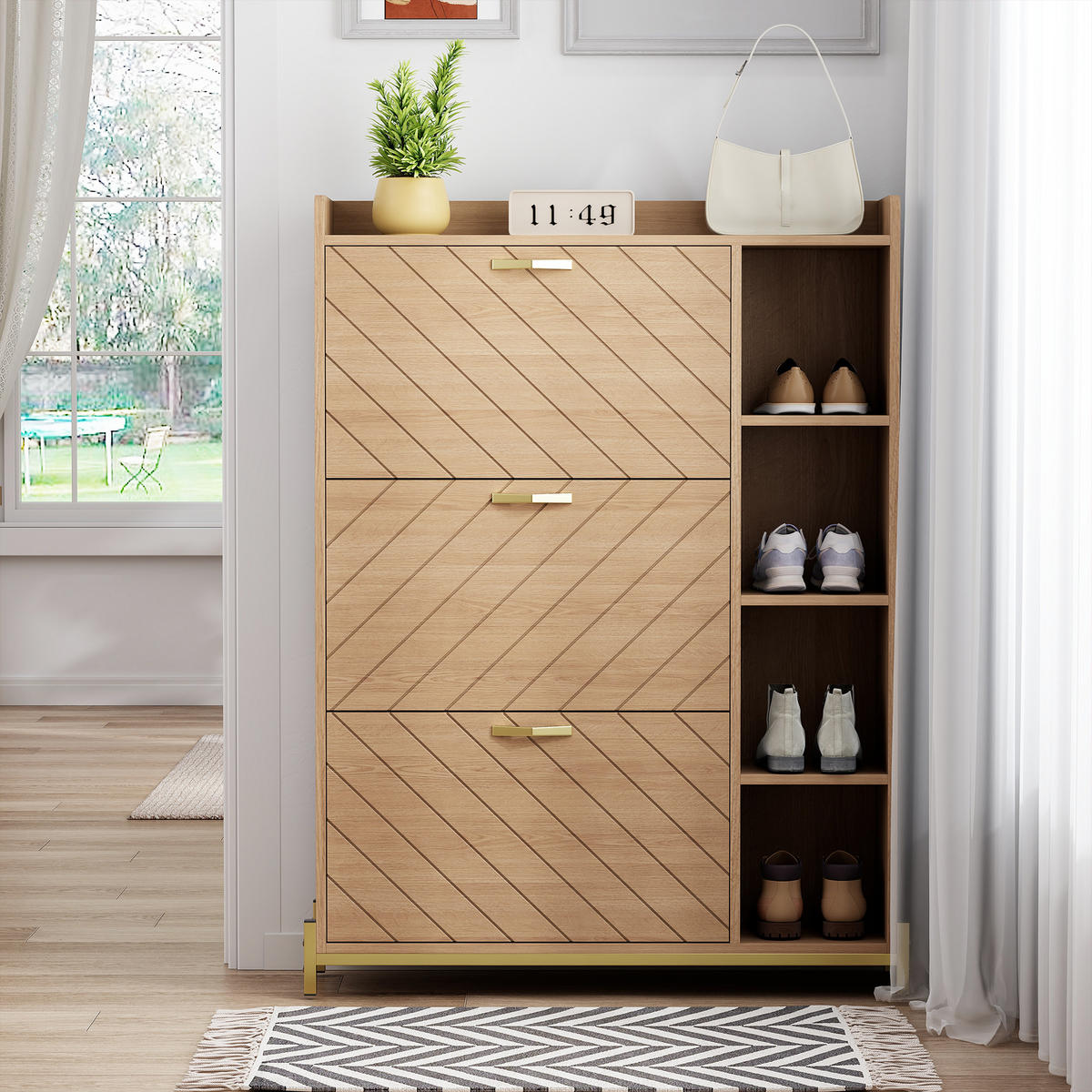 SCHUHSCHRANK 3 Türen Klappdeckel Eiche schmal mit Regalen - Naturfarben, Holz (90/119/24cm) - LEBENLANG