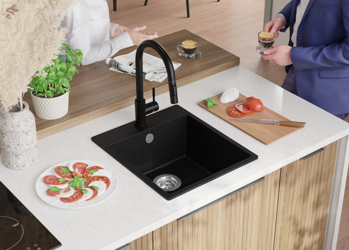 SPÜLBECKEN Riga, 2-er set Schwarz Metallic 43/50 cm 1 Becken + Ablauf-Set ab 45er Unterschrank - Chromfarben/Schwarz Hochglanz, Kunststoff (43/20/50cm) - Primagran